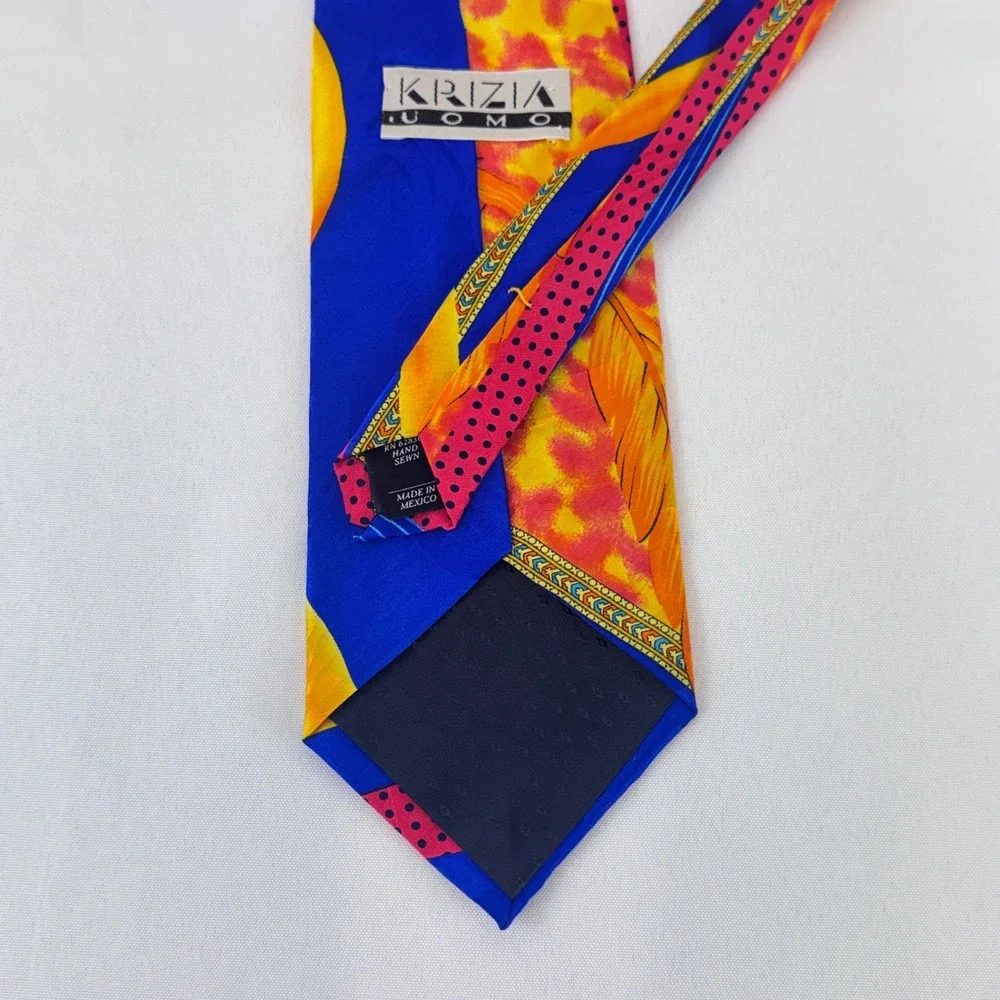 Krizia Uomo Silk Tie Mens Blue Orange Feather Polka‎ Dot Maximalist Retro Luxury